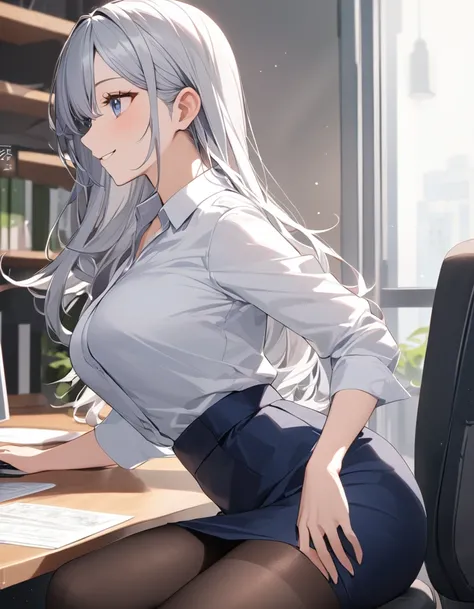 8K, Highest quality, masterpiece, Wallpapers by Unity 8K, office、(One Girl) , 17 years old、 Perfect detail, (Best lighting) , (Very intricate detail)、Big eyes、masterpieceサイドライト、(((Silver Hair))),(Her hair color is a blue-gray gradient), Semi-long hair, Ver...