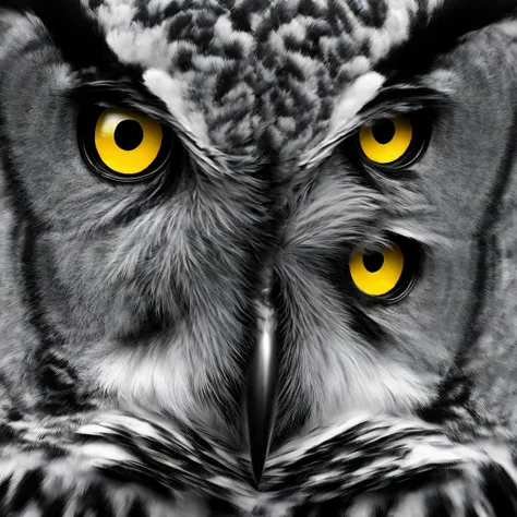 generate a black and withe face centered portrait of a mystérious owl