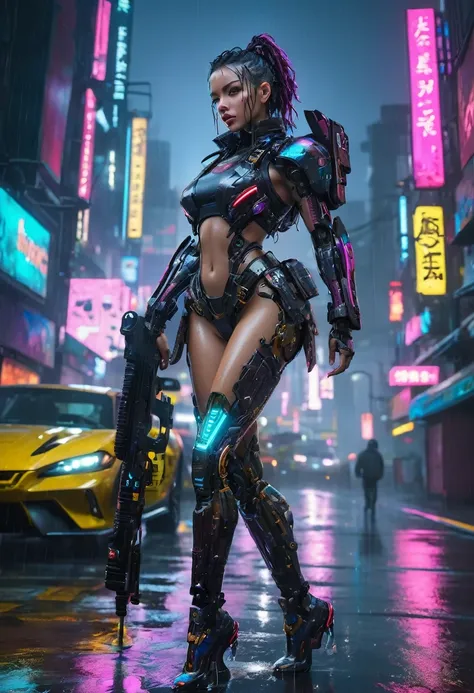 cyberpunk neon city at rainy night, highly detailed and beautiful female cyborg warrior standing in the rain, intricate mechanic...