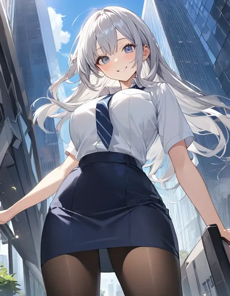 8K, Highest quality, masterpiece, Wallpapers by Unity 8K, office、(One Girl) , 17 years old、 Perfect detail, (Best lighting) , (Very intricate detail)、Big eyes、masterpieceサイドライト、(((Silver Hair))),(Her hair color is a blue-gray gradient), Semi-long hair, Ver...