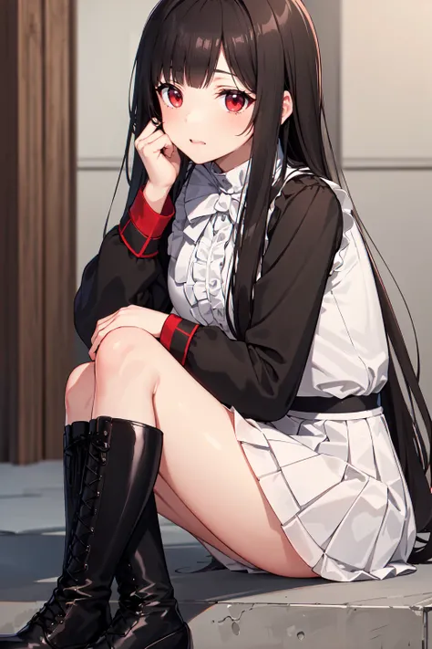 (Highest quality,High resolution,Beautiful attention to detail,White lighting:1.2),Red eyes, View your viewers, Long Hair, Black Hair, Knee-high boots, Black footwear, blush, Sitting, Long sleeve, bangs, Part your lips, Black Hair, dress, Raise your knees,...