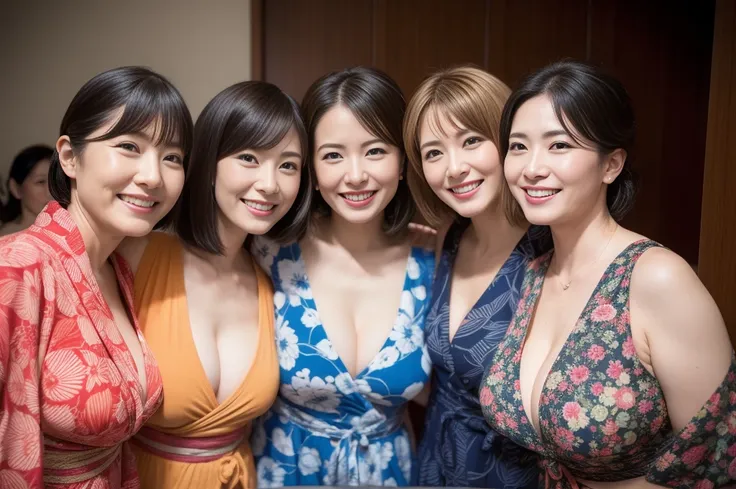 Browsing Caution,Three Women、Mature attractive woman、Hakata yukata、Cleavage、Large Breastasterpiece、Highest quality,(Upper Body),