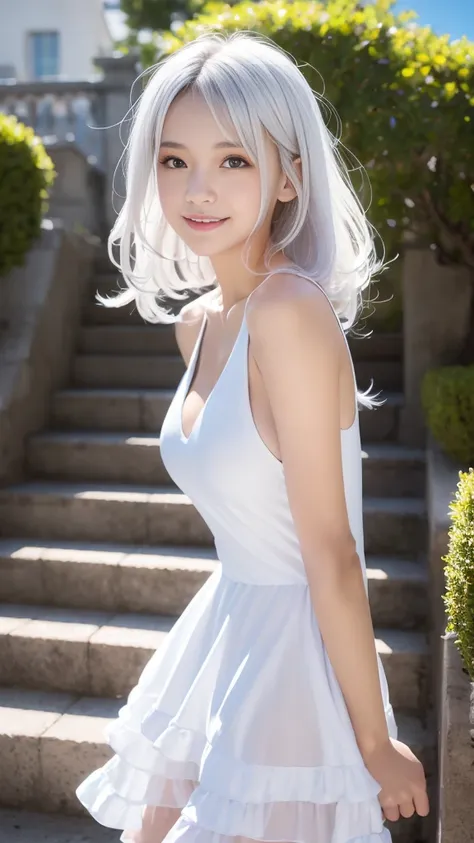 some women have long white hair, a simple, thin one-piece dress worn by a beautiful girl, with slit, (her skin is visible throug...