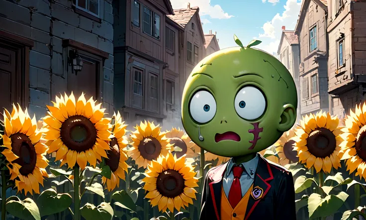 logomkrdsxl, two logos, cute-eyed sunflowers vs comical zombie,