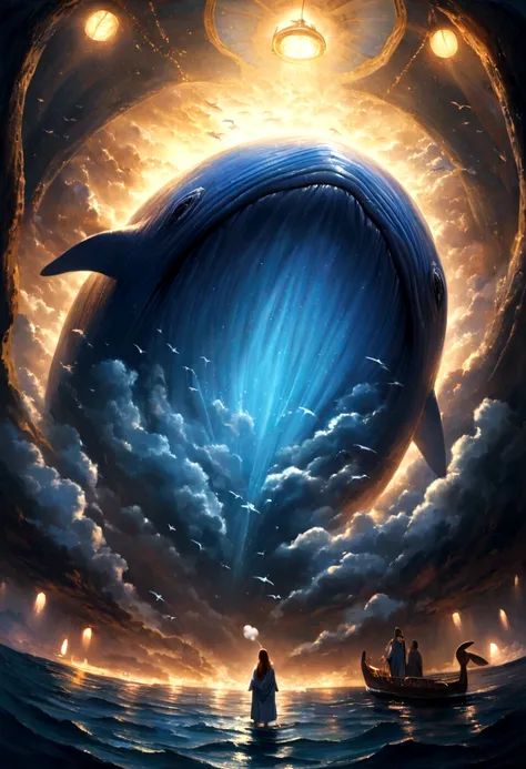 realistic representation of the inside of the whale, from the biblical story of Jonah, as described in the scriptures, being illuminated by the whales puff of air