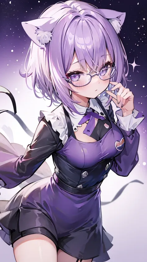 ,hair on one eye, blush, purple eyes, alone, one girl, short hair, glasses, light purple hair, ruffled top, shortasterpiece、high...