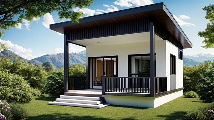 modern house flat roof, among the meadows,hill backdrop, daytime