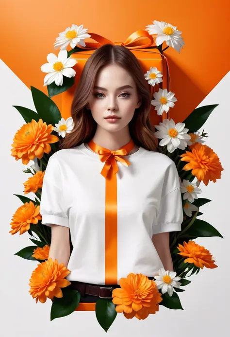 poster design，there is a huge orange gift box around the neck，ribbon，white crewneck shirt，fantasy，minimalism，fantasy，flowers