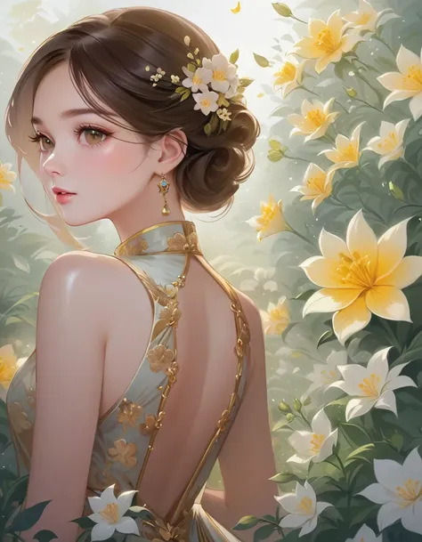 a painting of a woman in a dress surrounded by flowers, beautiful digital artwork, beautiful character drawings, exquisite digit...