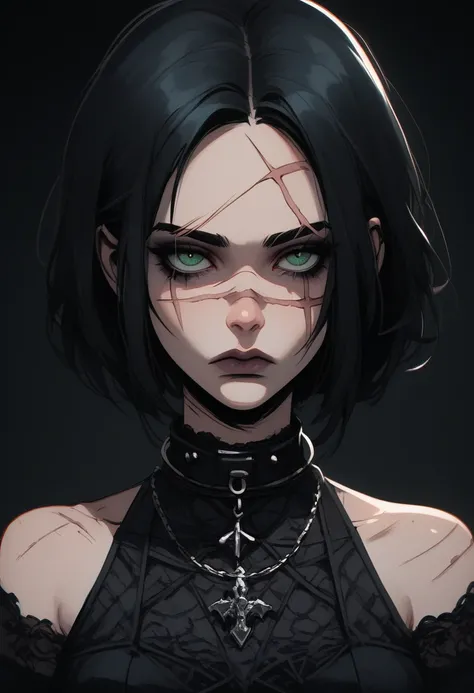 score_9, score_8_above, score_7_above, gothic girl, goth girl 1 girl, 1 girl,Alone,looking at the viewer,short hair,hits,simple background,bare shoulders,jewelry, ,Closed mouth,green eyes,by white,gray fur,medium hair,collar,neck,SCAR,black background,port...