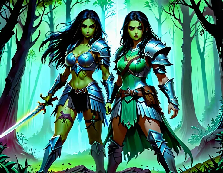 Arafed, a picture of woman paladin of nature protecting the forest from a (zombie: 1.3), a woman knight, black hair, long hair, full body (best details, Masterpiece, best quality :1.5), ultra detailed face (best details, Masterpiece, best quality :1.5), ul...