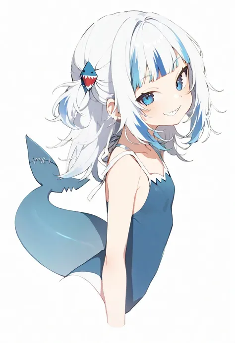 1 girl, vtuber style, cool girl, hololive, Gawr Gura, shark tail, swimsuit, small chest, cropped shoulders, clavicle, from side, looking at viewer, smile, (whole body), standing,