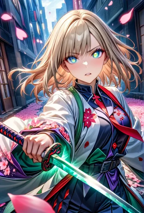 Ultra detailed, highres, absurd, HDR, masterpiece, mia Ubuyashiki, blond hair, blue eyes with a mixture of green yellow the pupil and darker blue on the outside, white haori with sakura flower patters, dark purple demon killer uniform, sakura petals, catch...