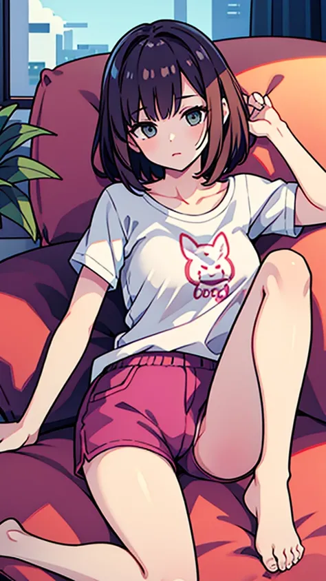 spread pussy sleeping on a grey sofa　barefoot　Pink shorts　White T-shirt　woman　Bob Hair　High resolution taking off pants