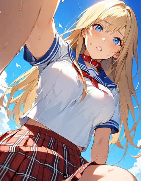 (Top quality illustrations:1.2), (pretty girl:1.1), (1 girl、17 years old、Top quality illustrations:1.2), (1 girl、Kind eyes、blue eyes:1.2)、Blonde、Semi-long hair、Mature、Beautiful breasts 、High School Uniform｛White Sailor Suit、Short sleeve、Red collar、Pleated ...