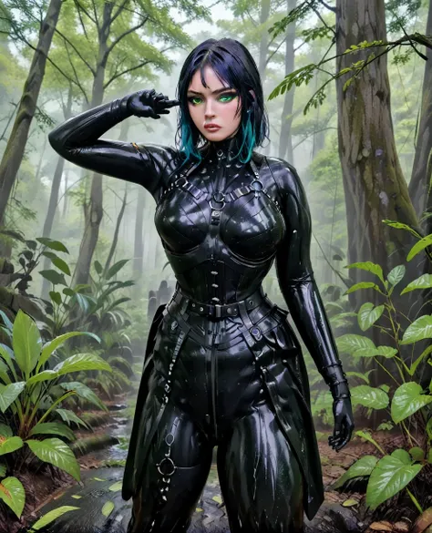 score_9,score_8_up,score_7_up,score_6_up, trilla,green eyes,black hair, upper body, wet, armor,gloves,black bodysuit,black cape,...