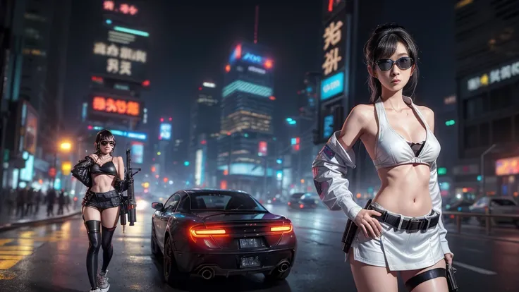 8k, Realistic Skin Texture, Realistic Photo, Neo Tokyo, slim Japanese women, large-breast:1.3 cleavage:1.2, AD2050 at night, Dirty hunting jacket, Wearing tube top, miniskirt, (((black sunglasses, automatic rifle, sneakers, cold, shooting pose, very low an...