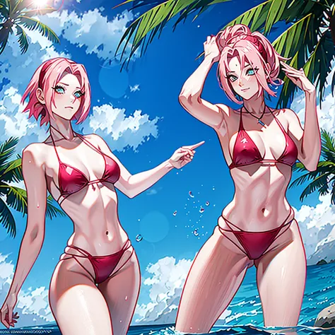 haruno sakura from anime naruto, pink hair, short hair, wearing mascara, ponytail, perfect body, perfect , beautiful woman, stunningly beautiful, wearing a beach bikini, red bikini, being on the beach, coconut trees, Realism, masterpiece, textured skin , s...