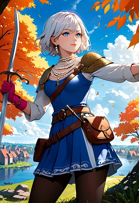 (masterpiece, best quality:1.1), thief (dq3), 1 Girl, Solitary, short hair, White hair, blue eyes, Medium breasts, Pink gloves, Jewelry, Pearl Necklace, earrings, belt, sword, Breastplate, Black tights, Bag, (coin, sword on hip:1.2), (Hook of Holland, Dyna...