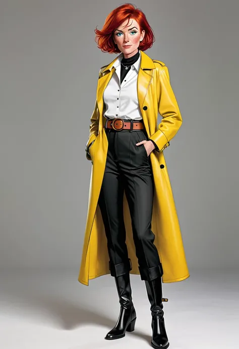 Describe a 60-year-old woman with short red hair, Marked by time on your face and mean eyes. She wears a formal outfit consisting of a white long-sleeved shirt with a collar., waist belt, black pants and boots, complemented by a yellow leather overcoat. He...