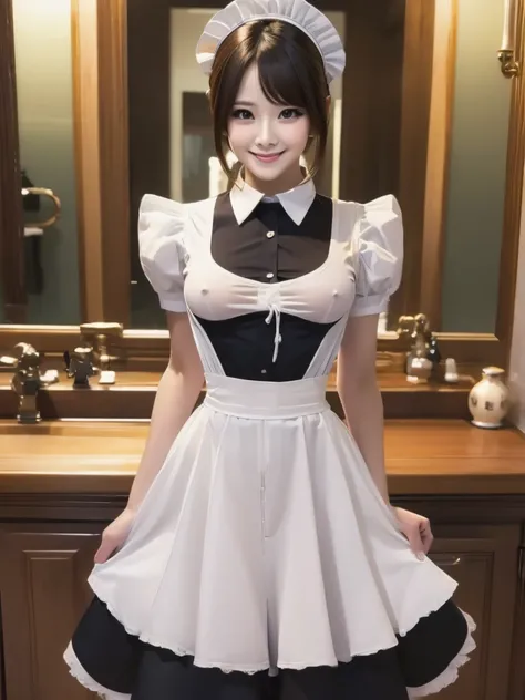 Highest quality、masterpiece、8K、Very detailed、Realistic、One person、Looking at me with a smile、whole body、Big Breasts、Erect nipples、Thin and beautiful legs、Tight and slim waist、Tight and see-through maid outfit、skirt