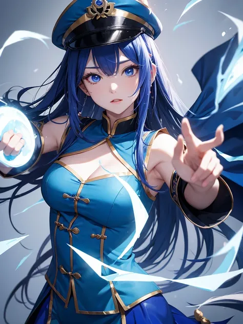 Jiangshi girl wearing blue uniform attacking with ice magic with long hair