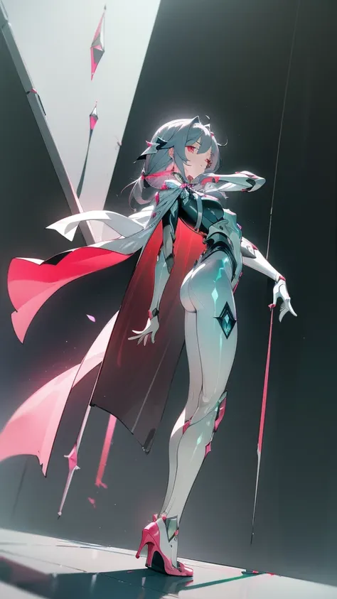 art, 8k, masterpiece, (Fu_Hua), (Herrscher_of_Sentience), grey_hair, red_eyes, (plug_suit), white_bodysuit, glowing_bodysuit, pink_accents, green_crystal_on_chest, high_heels, (mystical_armor), glowing_cape