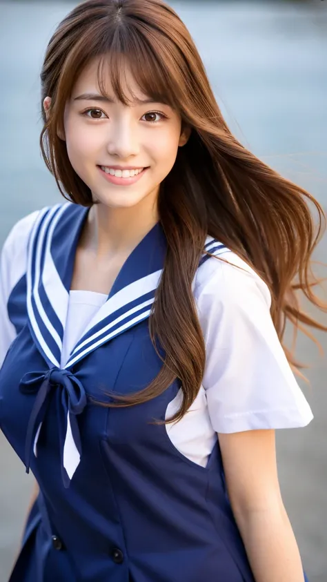 Highest quality,Best Images,Japanese,Big Breasts,Long brown hair,beautiful girl,Sailor suit,smile