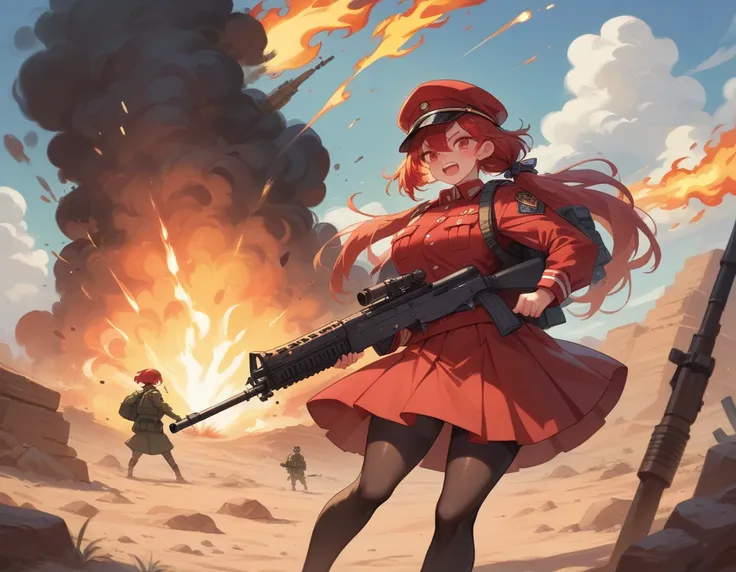 A platoon of girls in bright red military uniforms and long red skirts、A pair of a girl platoon leader and a soldier wearing a red military uniform and a red long skirt and equipped with two assault rifles、desert、A huge explosion and flames behind me