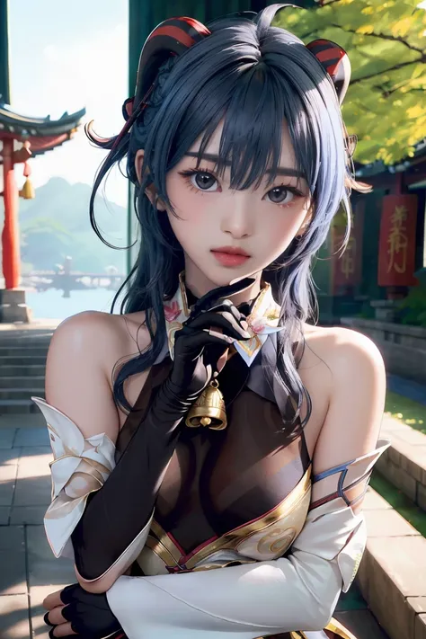 (photorealistic:1.4), (masterpiece, sidelighting, finely detailed beautiful eyes: 1.2), masterpiece*portrait, realistic, 3d face, 
ganyu (genshin impact), 1girl, ahoge, architecture, bangs, bare shoulders, bell, black gloves, black pantyhose, (blue hair), ...