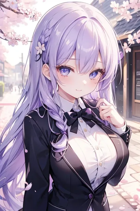 young girl, purple silver  hair, purple blue eyes,beautiful and detailed eyes, big breasts, long hair,european braid hairstyles, happy smile, black shirt,white blazer, black mini skirt, (cherry blossom garden )