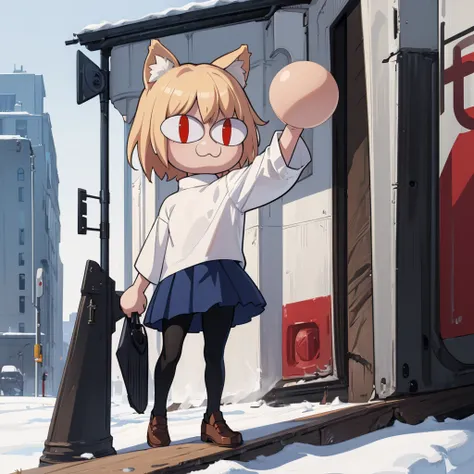 (masterpiece, best quality:1.2),  necoarc, slit pupils, cat ears, blonde hair, red eyes, chibi, 1boy, solo, white turtleneck, blue skirt, pleated skirt, brown footwear, pantyhose, outdoors, (solo portrait), (front view), highlight thighs,