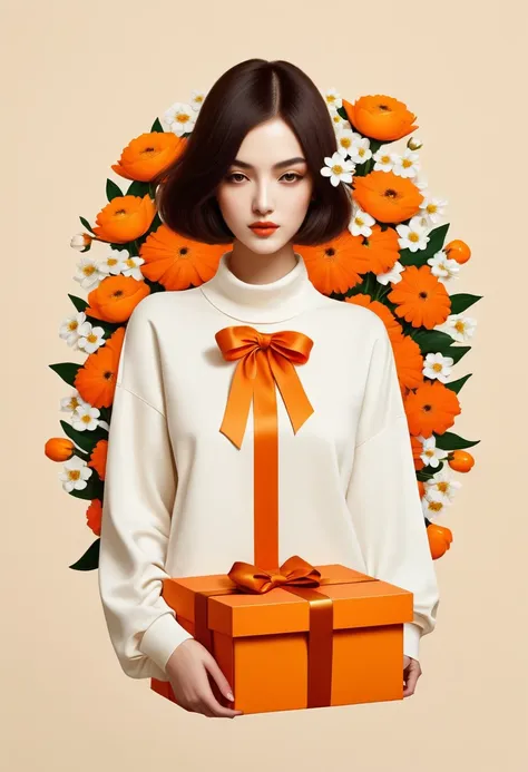 poster design，there is a huge orange gift box around the neck，flowers，ribbon，white crewneck shirt，fantasy，minimalism，fantasy，in ...