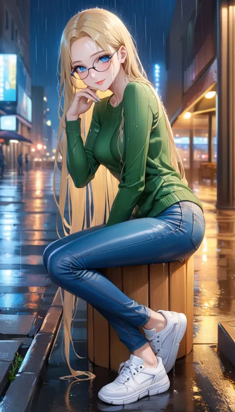 ((best quality, masterpiece:1.3, 8K)), (detailed), highly detailed face and skin texture, detailed eyes, (seductive pose:1.1), downtown, night time, rain, raining, in the rain, full body, (slender body:1.1), 1girl, 25 years old, white skin, blue eyes, read...