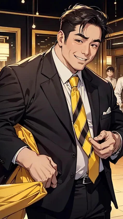 Asian face, male, 50 years old man, fat man, big belly, black suit, yellow and brown striped tie, white shirt, expensive watch, short hair, rough skin, light grinning