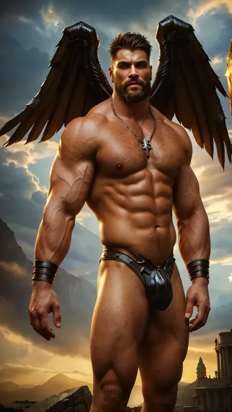 Show dick, show body, nude, Cumming a close-up of a man with a large wing on his chest, muscular, strong and imposing male hero, muscular humanoid balrog demon, robust and attractive male with armor, portrait of demigod Hercules, heroic male pose, muscular...