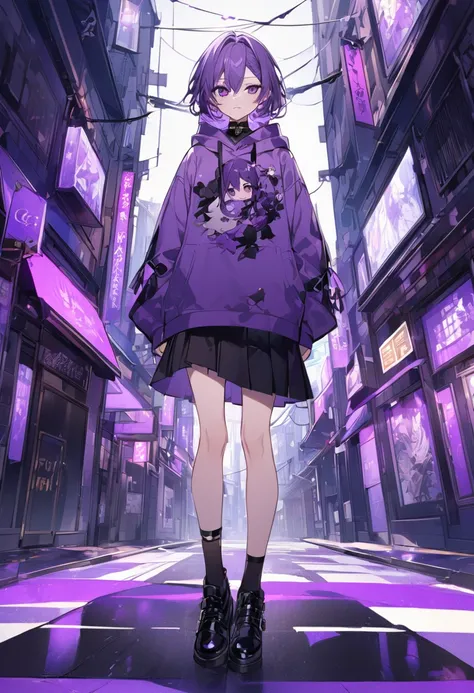 Keito。Purple hoodie。Black Skirt。Purple Eyes。Purple Hair。Black shoes下。Black shoes。