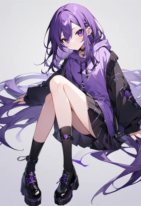 Keito。Purple hoodie。Black Skirt。Purple Eyes。Purple Hair。Black shoes下。Black shoes。