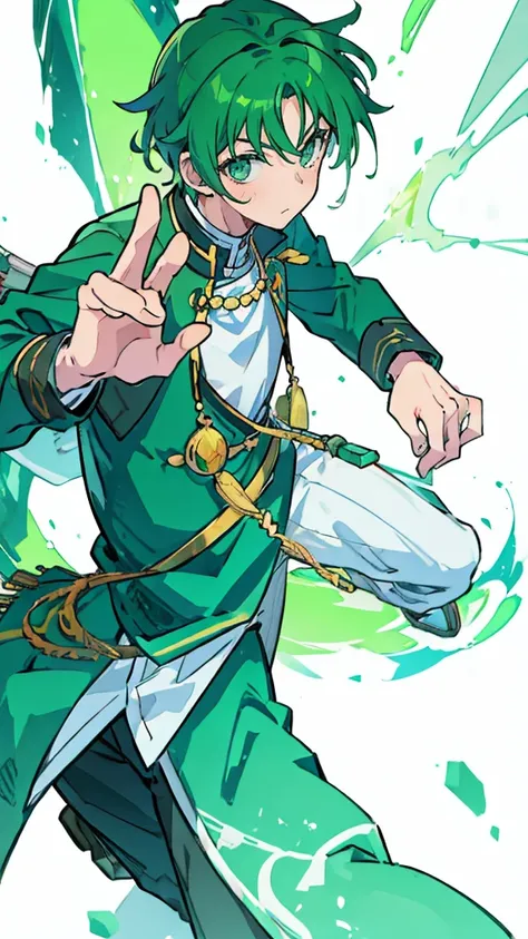 A man, green hair, green eyes, Rin Itoshi, from blue lock, full body, anime, handsome, white background, Indonesian high school clothes