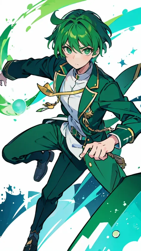 A man, green hair, green eyes, Rin Itoshi, from blue lock, full body, anime, handsome, white background, Indonesian high school clothes