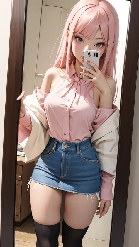 av idol. 25-years-old asian woman. slender with medium breast and curvasious. Long, light pink hair. She has brown eyes. wearing a red over the shoulder blouse and blue denim mini skirt with knee high socks and sneakers. Taking selfie in a mirror. sexy pos...