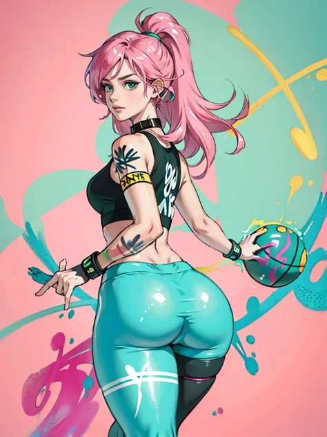  masterpiece, Highest quality, Beautiful 25 year old woman, Long Hair, (Adult face:1.4), 1. Female, alone, Crop top, Fitness Leggings, collar, (From behind:1.4), Fucking ass, Thick thighs, Narrow waist, (graffiti:1.5), Paint splashes, Put your arms behind ...