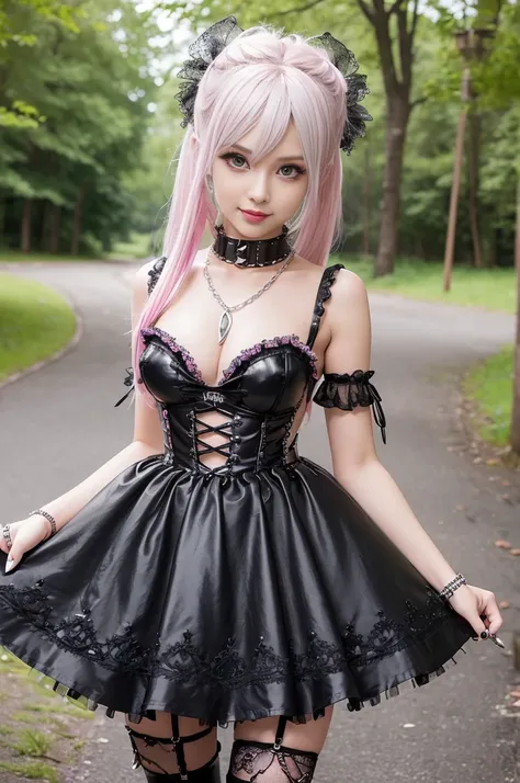 sexy stylish Swedish model, only 1 female, ((doll-like appearance)), very short neon pink stylish hair, ((shiny Punk-Style boots)), (happy smile), ultra detailed eyes, long lashes, metallic makeup, lip-gloss, ((sexy Punk Lolita cosplay)), unconventional sk...