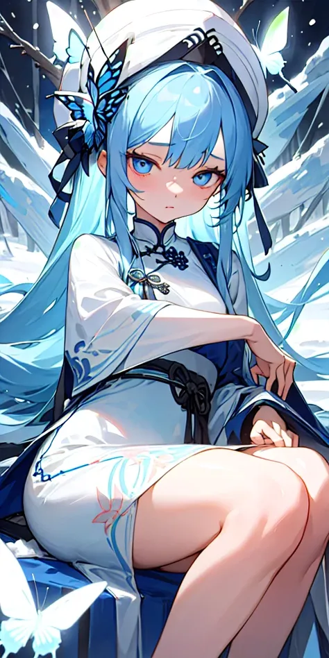 (masterpiece, best quality) 1girl of 20 years old with blue long hair, crystal eyes wearing an white Chinese dress having a emotionless face surrounded by snow having a butterfly ribbon 