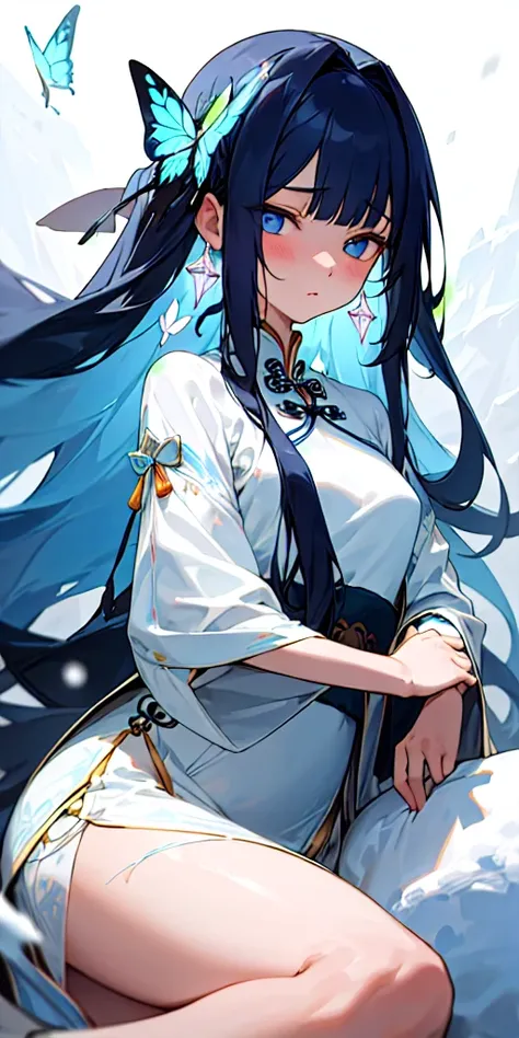 (masterpiece, best quality) 1girl of 20 years old with blue long hair, crystal eyes wearing an white Chinese dress having a emotionless face surrounded by snow having a butterfly ribbon 