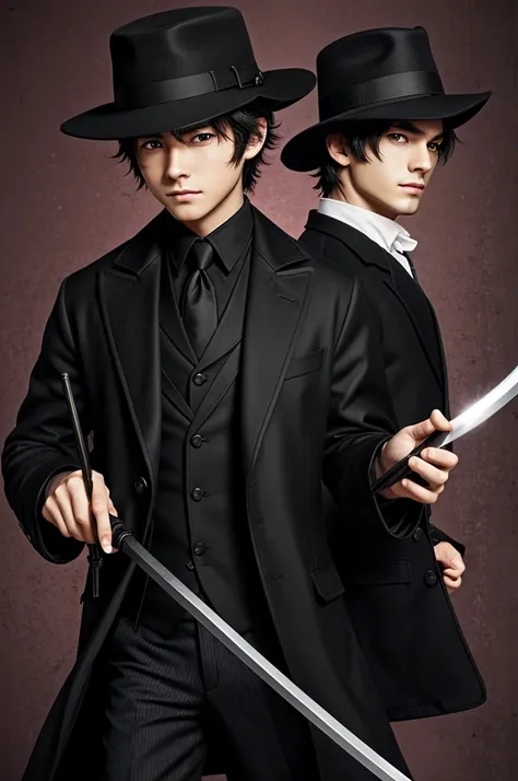 Anime boy with a black hat, big detective coat and a cane sword 
