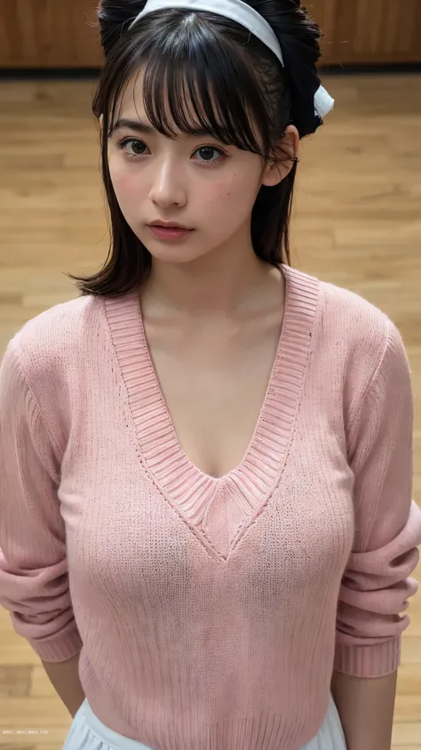 (8K, RAW Photos,highest quality, High resolution:1.1), (Ultra-realistic:1.4),(Realistic, Realistic:1.3),The Beauty of Japan、Rhythmic gymnastics club、Rhythmic Gymnastics Uniform、((Upper Body:1.3)),Maid Cafe、((Maid:1.3)),(Pink knitted sweater:1.3),Looking up...