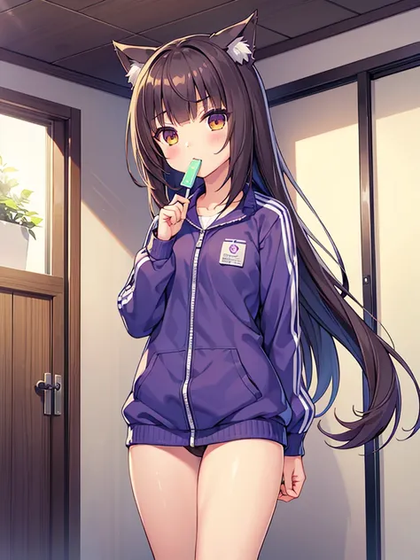 1girl, azuki (nekopara), wearing violet's 2005 blue tracksuit, high res, holding a stick of gum, inventing room, ultrasharp, 8k