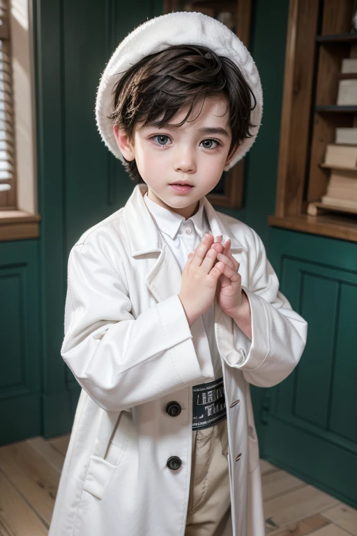 A boy with a white coat and the sleeves covered his little hands,The boy&#39;s hair was brown and short,his small eyes were yellow like the sun,your dark jeans are wide,wore comfortable shoes,the boy was at school and on a bench.