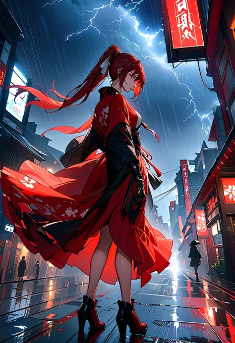 1 Japanese girl, Warframe, Complex patterns, heavy metal, Energy Line, The Faceless, Glowing eyes, elegant, intense, Blood red and black, Solitary, Modern, City, street, dark clouds, thunderstorm, Heavy rain,, Dramatic Lighting,, (masterpiece:1.2), best qu...